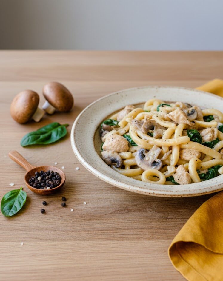 Hähnchengeschnetzeltes mit Champignon-Spinat-Soße und Spätzle – einfach, schnell und lecker 30 unnamed 52 e1772007422169